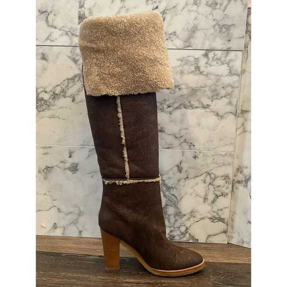 MICHAEL KORS Chocolate Brown Leather & Shearling Fold-Over Knee High Boots - 8.5 - Picture 4 of 10